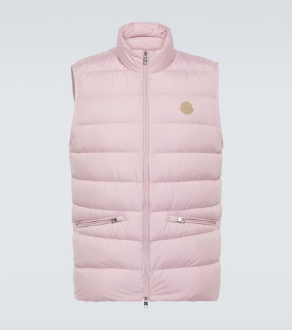 designer all'ingrosso Moncler Gilet in piuma d'oca con rivestimento in pelle rosa Lechtal