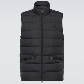 designer contraffatto Moncler Gilet Lechtal in piuma d'oca con rivestimento in pelle nera