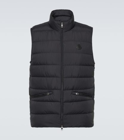 designer contraffatto Moncler Gilet Lechtal in piuma d'oca con rivestimento in pelle nera